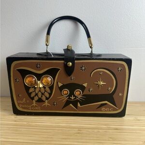 Chic Black and Brown Clutch with Owl and Cat Design